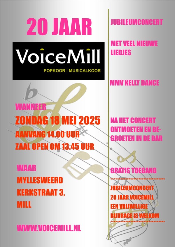 Popkoor VoiceMill viert 20-jarig jubileum met jubileumconcert in Mill