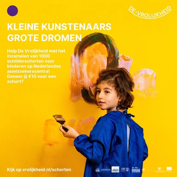 Help De Vrolijkheid 1000 schilderschorten in te zamelen voor kinderen op Nederlandse asielzoekerscentra! 🎨