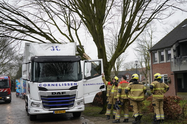 Vrachtwagenchauffeur rijdt tak uit boom, brandweer schiet te hulp
